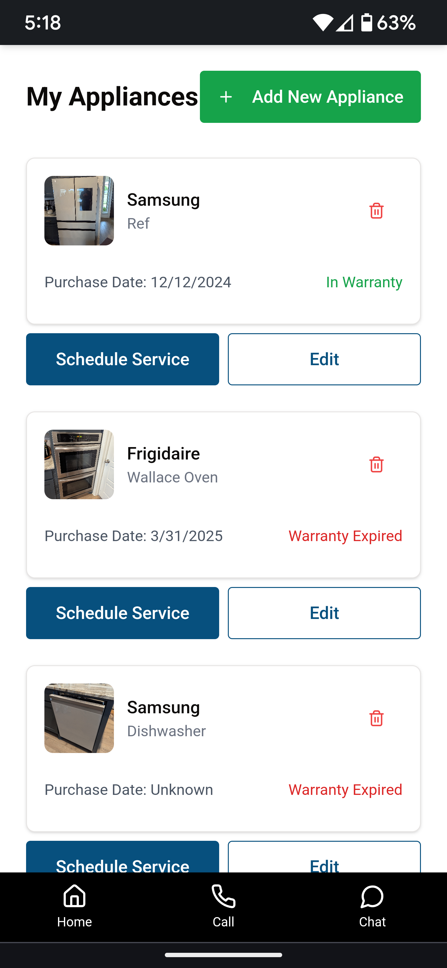 Appliance documentation interface showing appliance listings