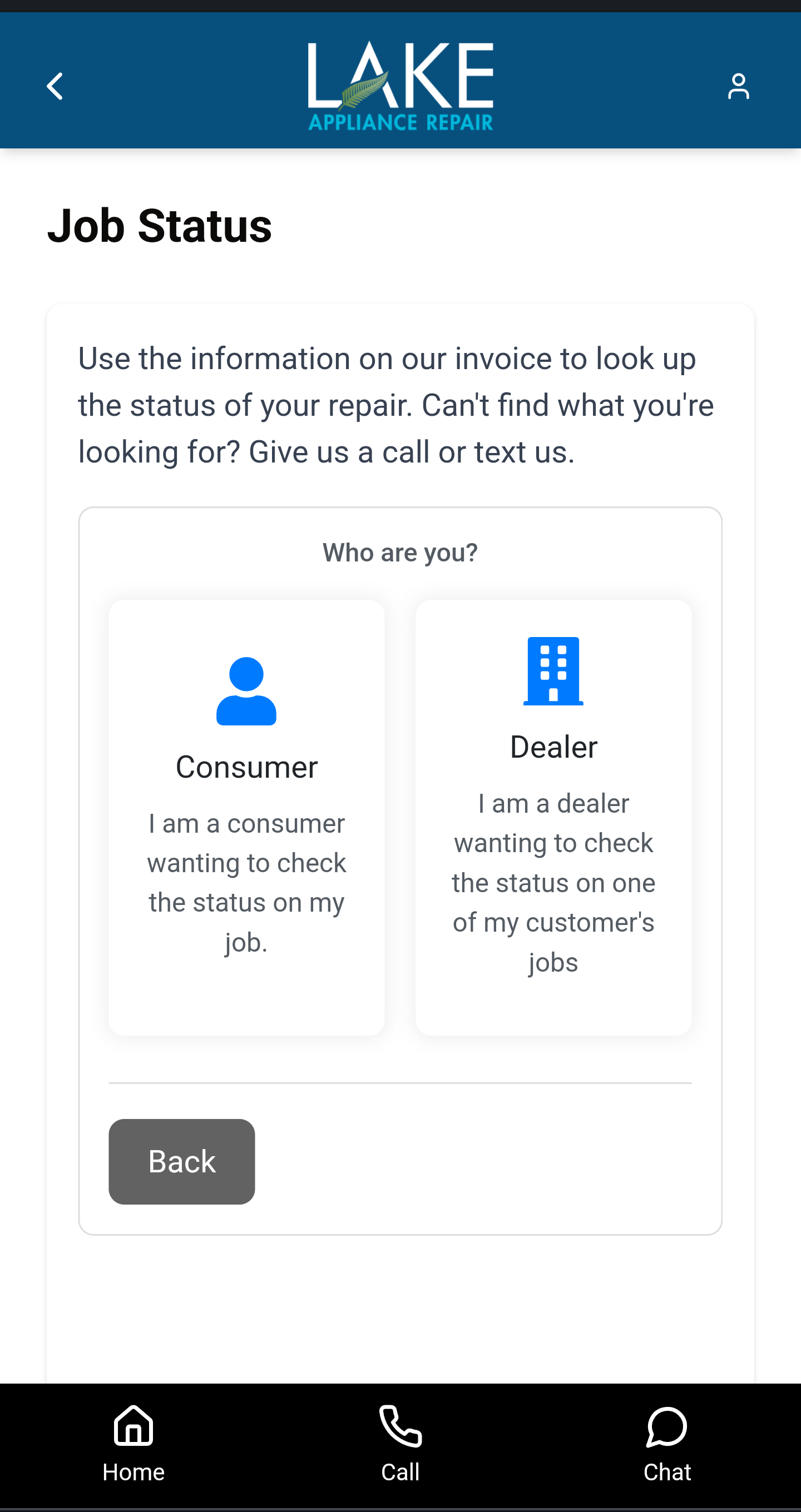 Job status screen from app