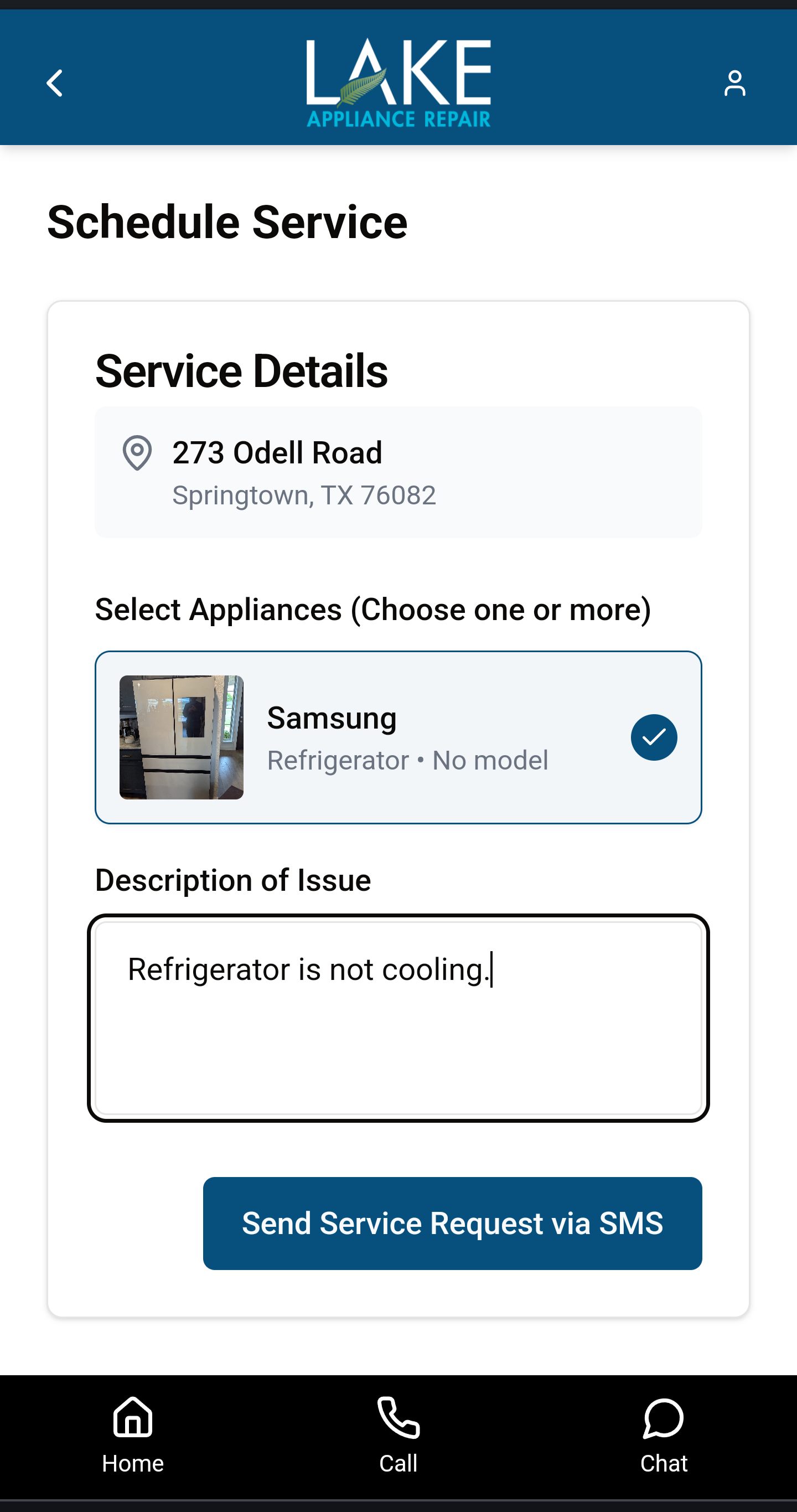 Service scheduling interface showing appliance repair request form